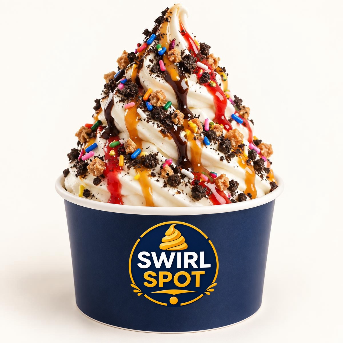Swirl Spot vanilla soft serve with cookie crumbs, rainbow sprinkles, Skor bits and chocolate, caramel and strawberry sauces